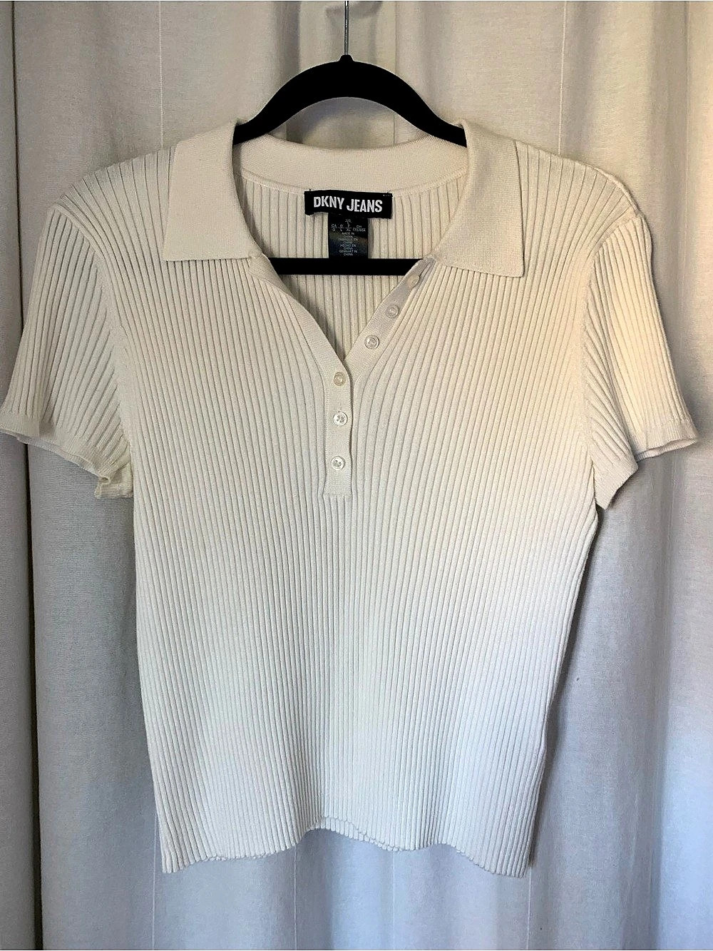 DKNY Jeans Short-Sleeve Rib Collared Polo Top White Large